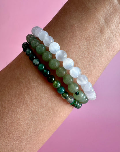 Bracelet Bundle Set: “Heaven & Earth” - Moss Agate, Green Jade, Satin Spar (Selenite)