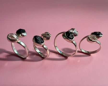 925 Sterling Silver Alma Toi et Moi Two-Stone Adjustable Rough Black Tourmaline & Herkimer Diamond Bezel Ring