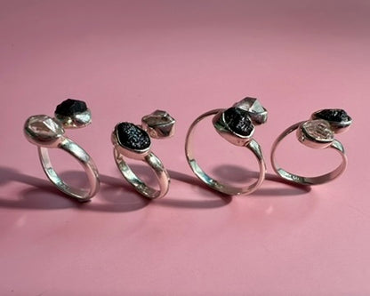 925 Sterling Silver Alma Toi et Moi Two-Stone Adjustable Rough Black Tourmaline & Herkimer Diamond Bezel Ring