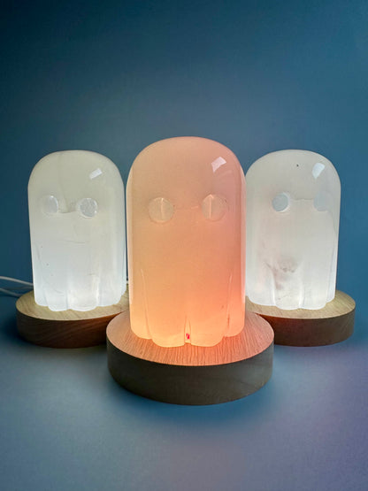 Hand-Carved Onyx Ghost Carving with Wooden Lamp Base – LED Color-Changing Light