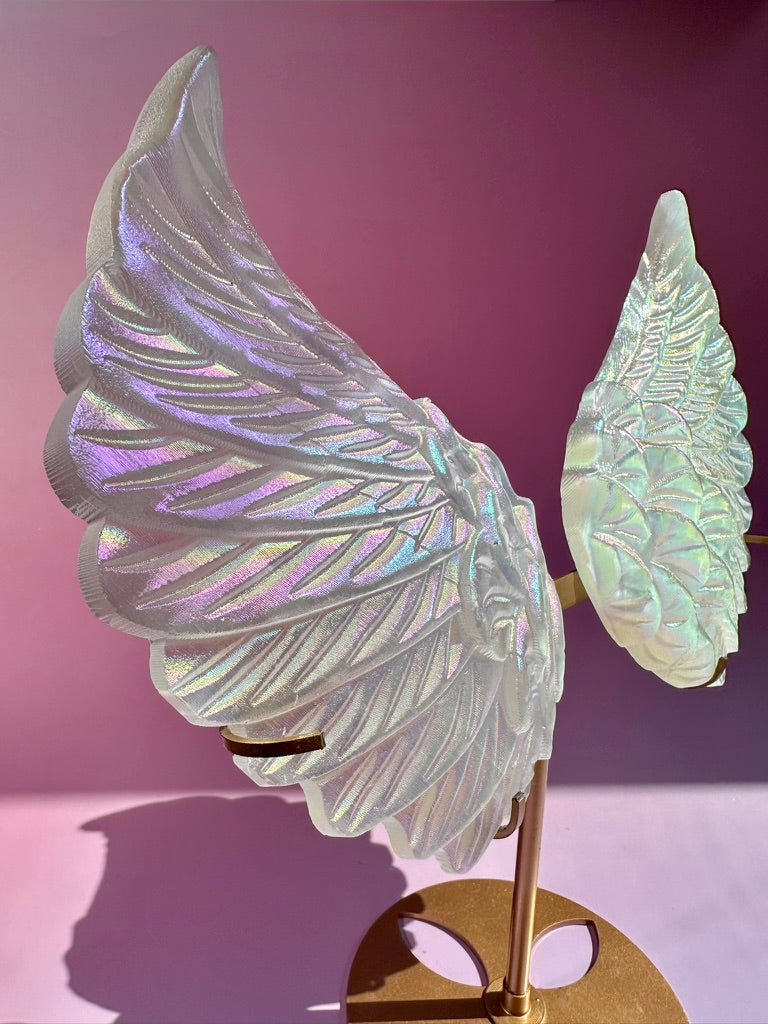 Large Aura Satin Spar (Selenite) Angel Wing Pair on Gold Stand | Statement Angelic & Cleansing Energy