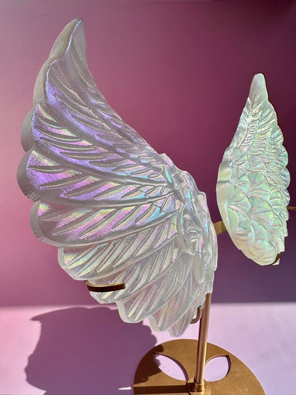 Large Aura Satin Spar (Selenite) Angel Wing Pair on Gold Stand | Statement Angelic & Cleansing Energy