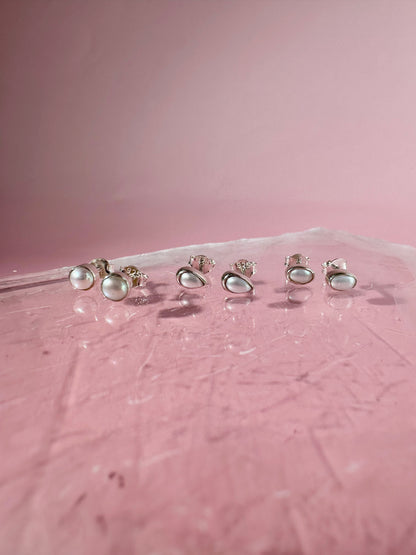 925 Sterling Silver Pearl Bezel Stud Earrings