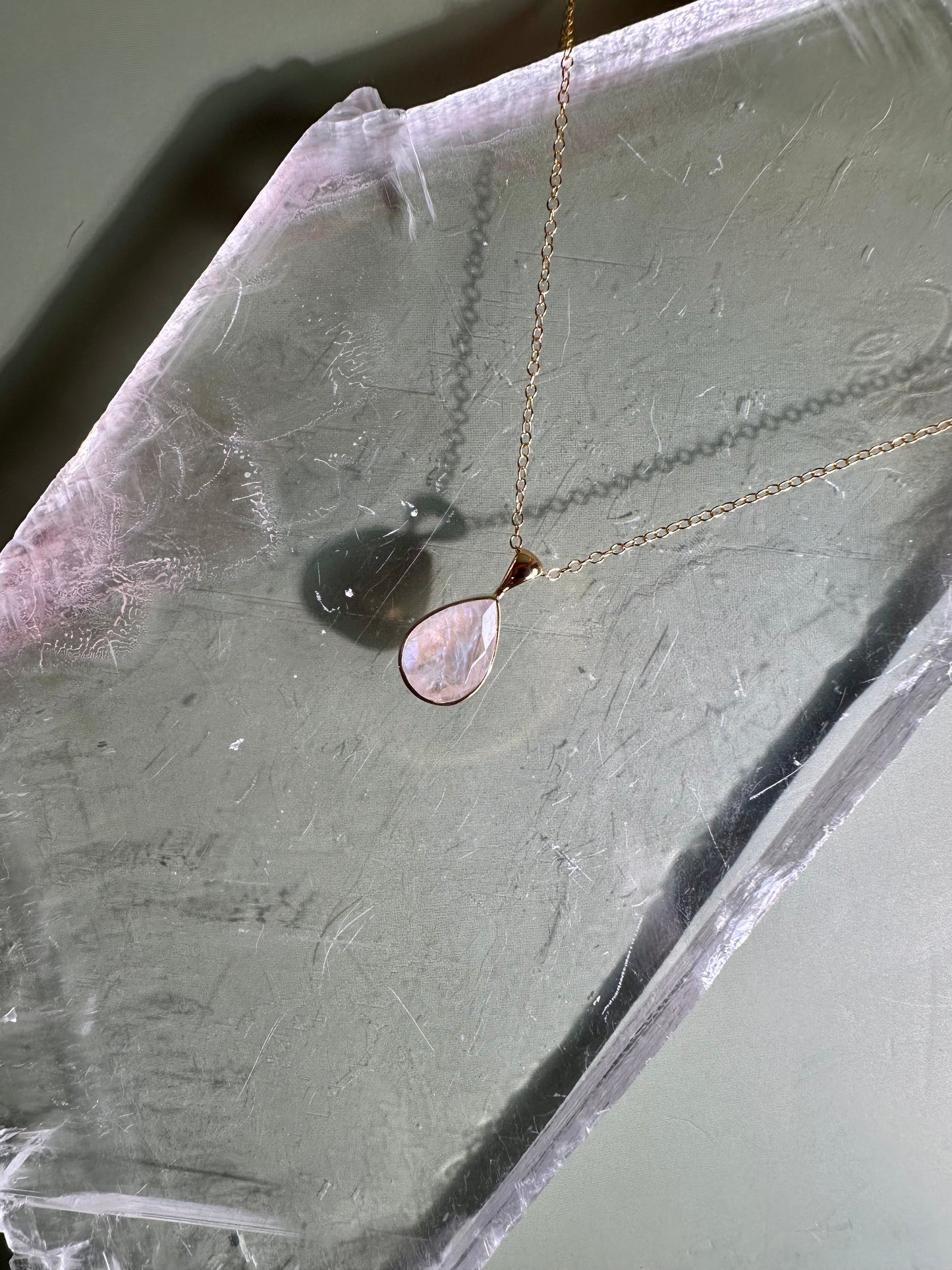 925 Sterling Silver 18K Yellow Gold Vermeil Faceted Rainbow Moonstone Pear Bezel Necklace