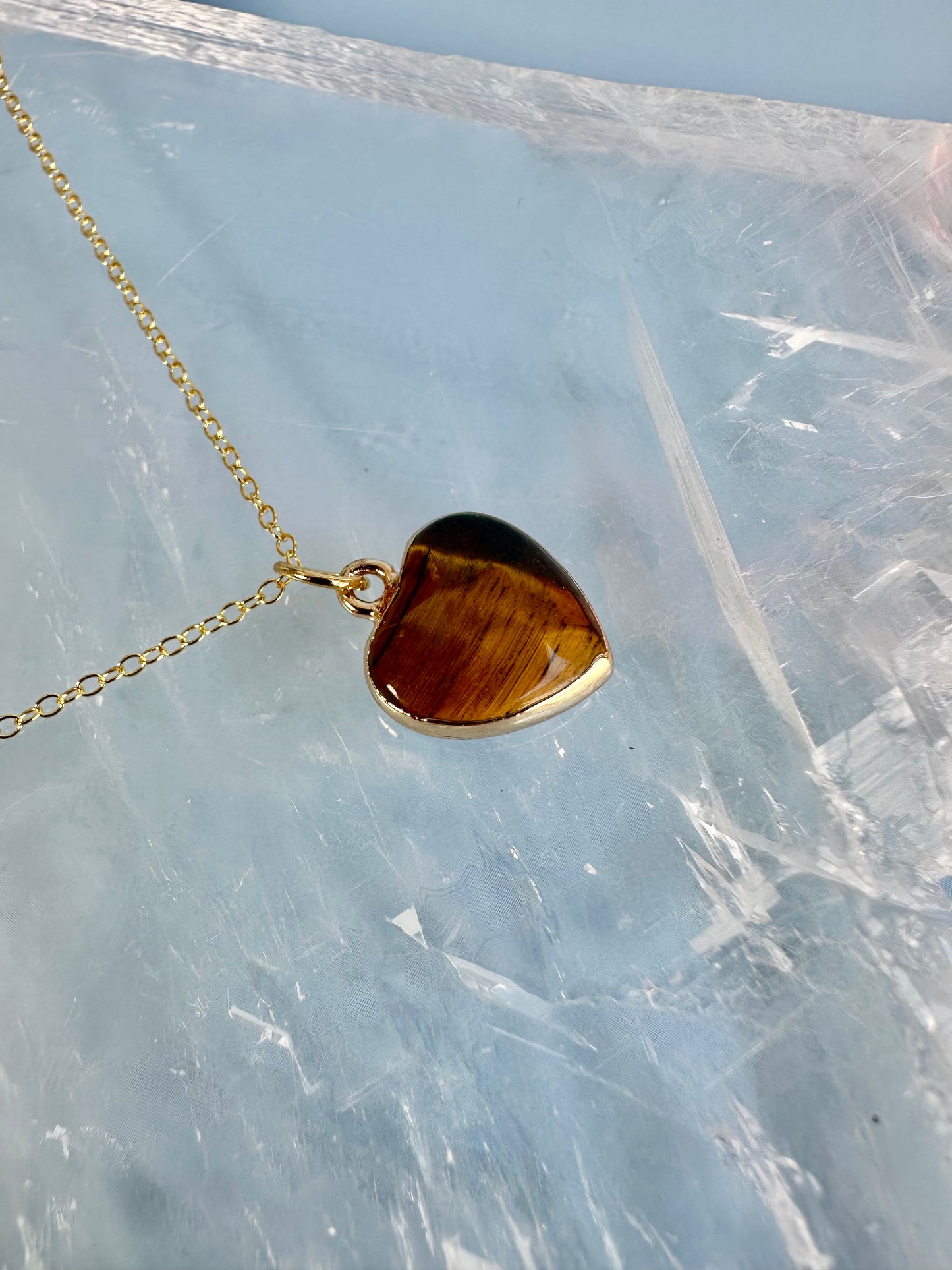 Brass Base with 18K Gold Tone Electroplated Finish Tiger’s Eye Heart Necklace