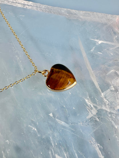 Brass Base with 18K Gold Tone Electroplated Finish Tiger’s Eye Heart Necklace