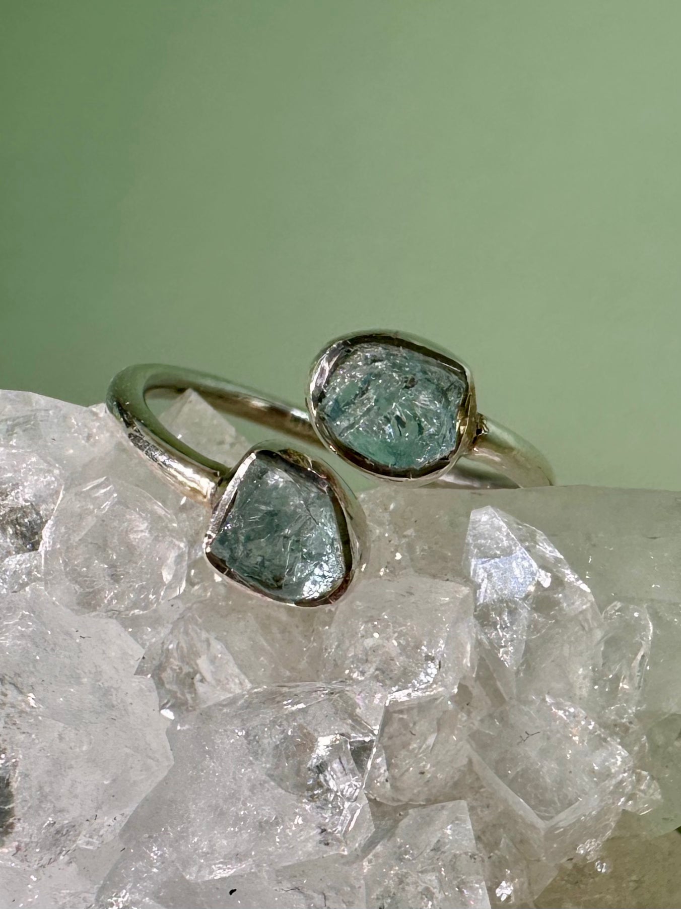 925 Sterling Silver Rough Aquamarine Bezel Two-Stone Adjustable Ring