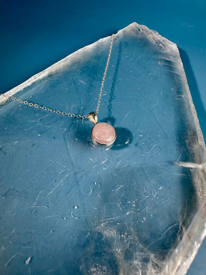 925 Sterling Silver Polished Rose Quartz Round Bezel Necklace