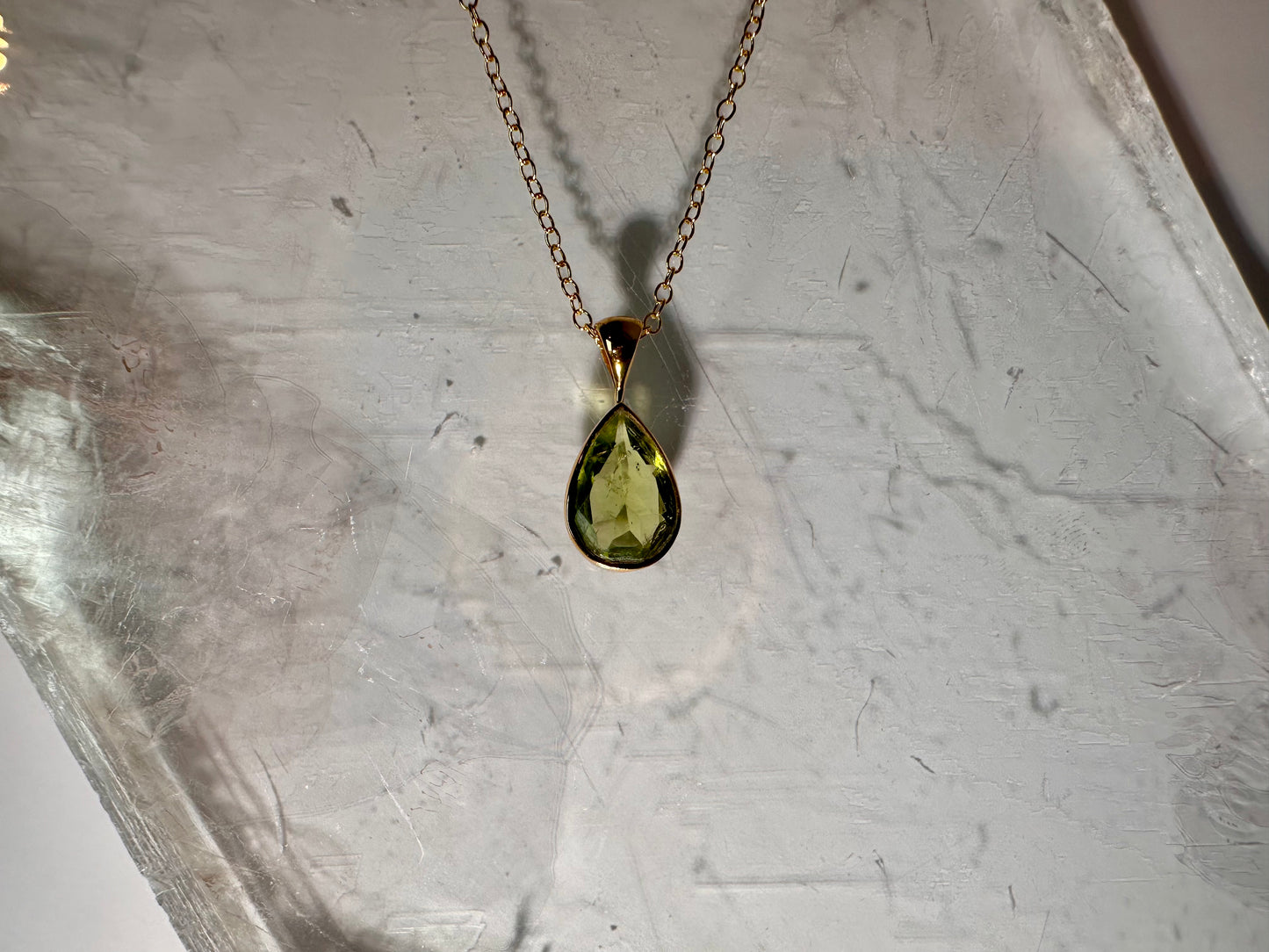 925 Sterling Silver 18K Yellow Gold Vermeil Faceted Peridot Pear Bezel Necklace