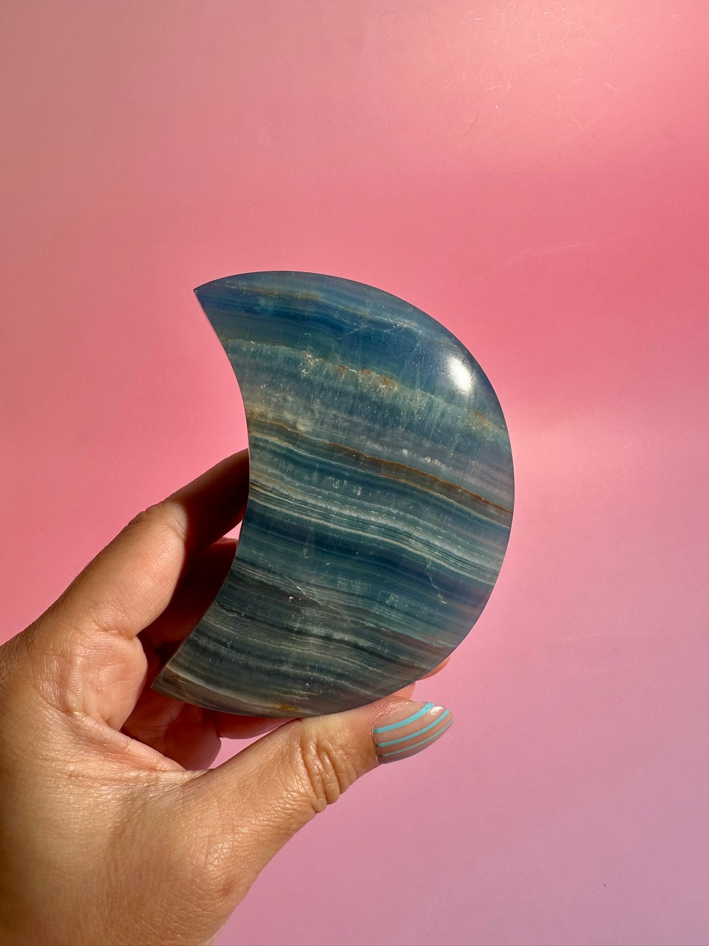Blue Onyx Crescent Moon on Black Stand – Option B | Serenity, Communication & Harmony