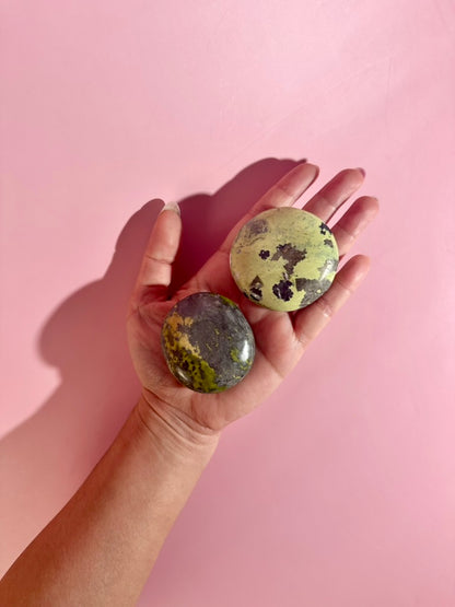 Peruvian Serpentine with Pyrite Round Palm Stone