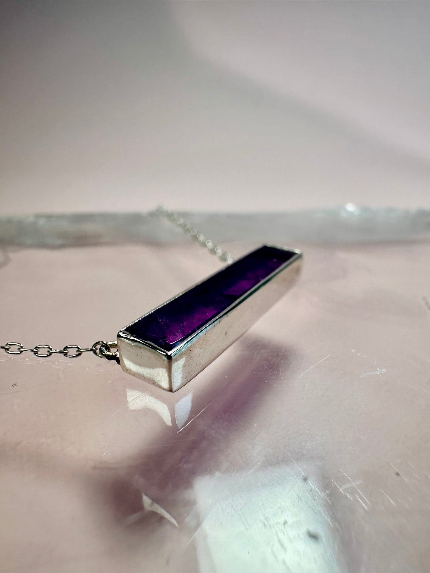 925 Sterling Silver Amethyst Bar Bezel Necklace