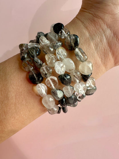 8mm Black Rutile Quartz (Black Tourmaline in Quartz) Polished Tumbled Bracelet