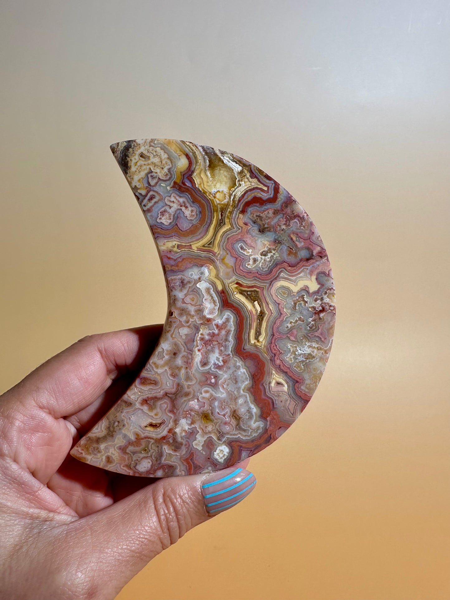 Pink Crazy Lace Agate Crescent Moon Carving – Option B | Positivity & Heart Healing Energy