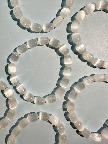 Barrel Satin Spar (Selenite) Beaded Bracelet | Cleansing & Peace Energy