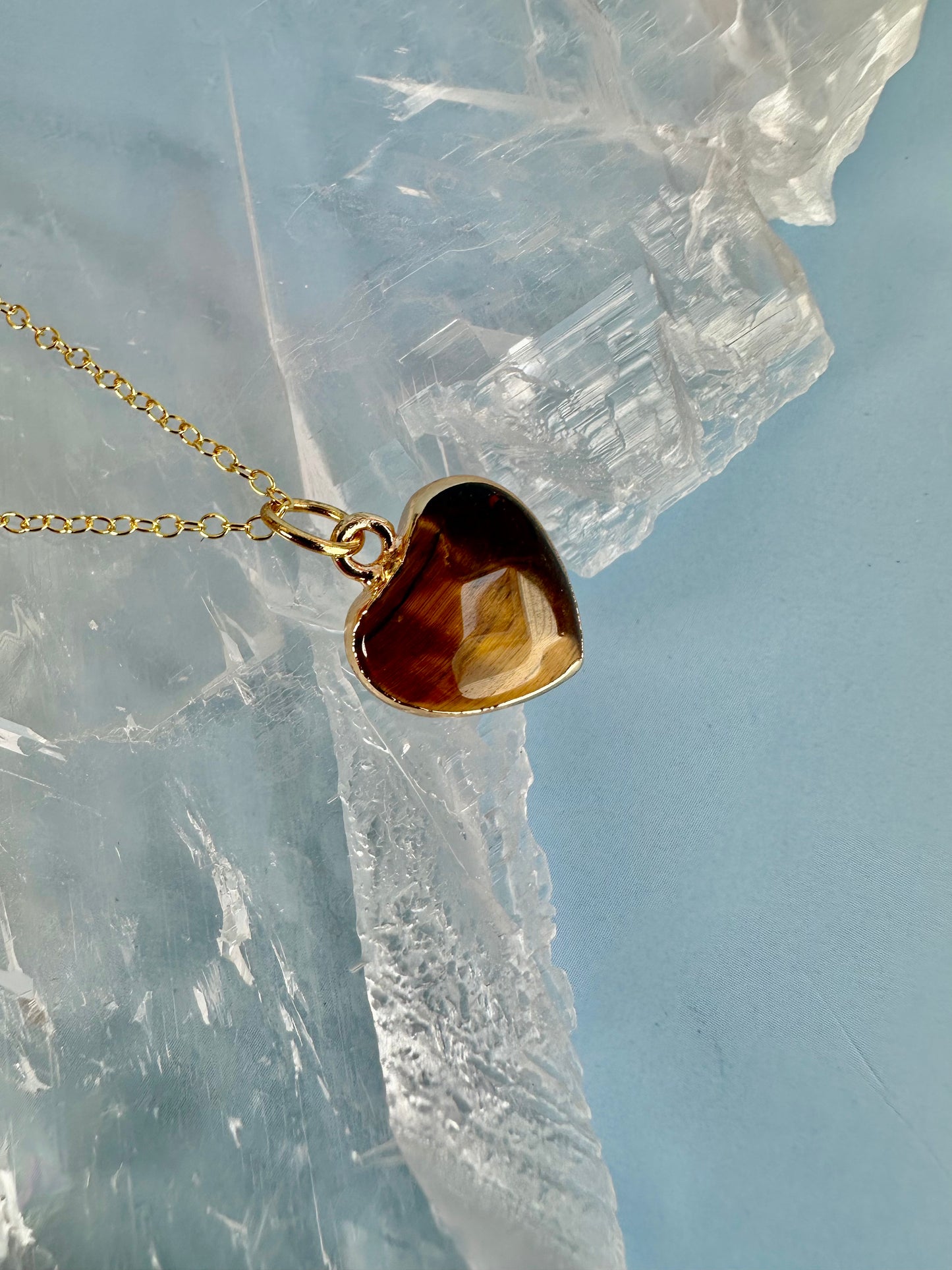 Brass Base with 18K Gold Tone Electroplated Finish Tiger’s Eye Heart Necklace