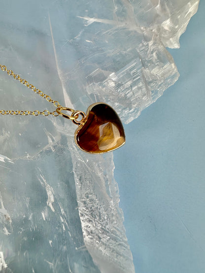 Brass Base with 18K Gold Tone Electroplated Finish Tiger’s Eye Heart Necklace