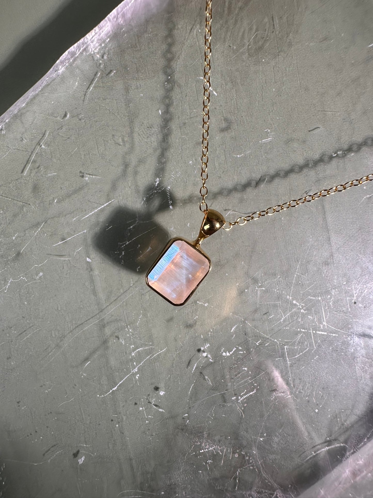 925 Sterling Silver 18K Yellow Gold Vermeil Faceted Rainbow Moonstone Cushion (Pillow) Bezel Necklace