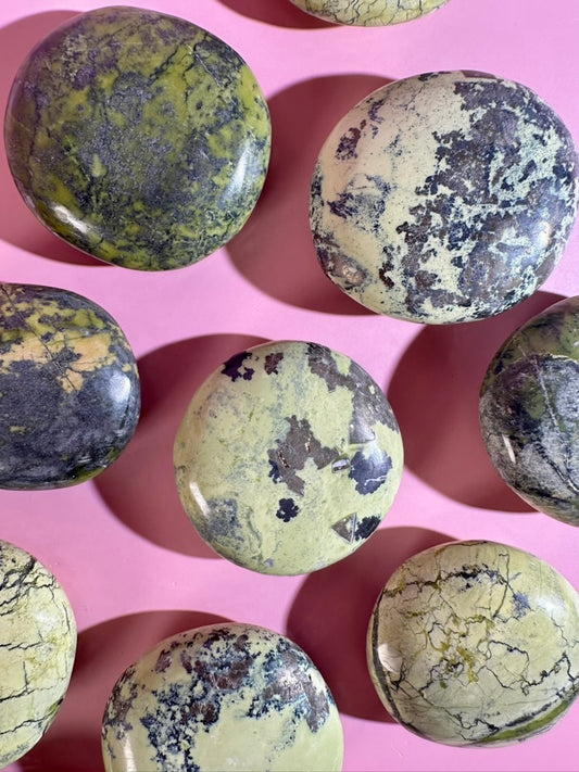 Peruvian Serpentine with Pyrite Round Palm Stone
