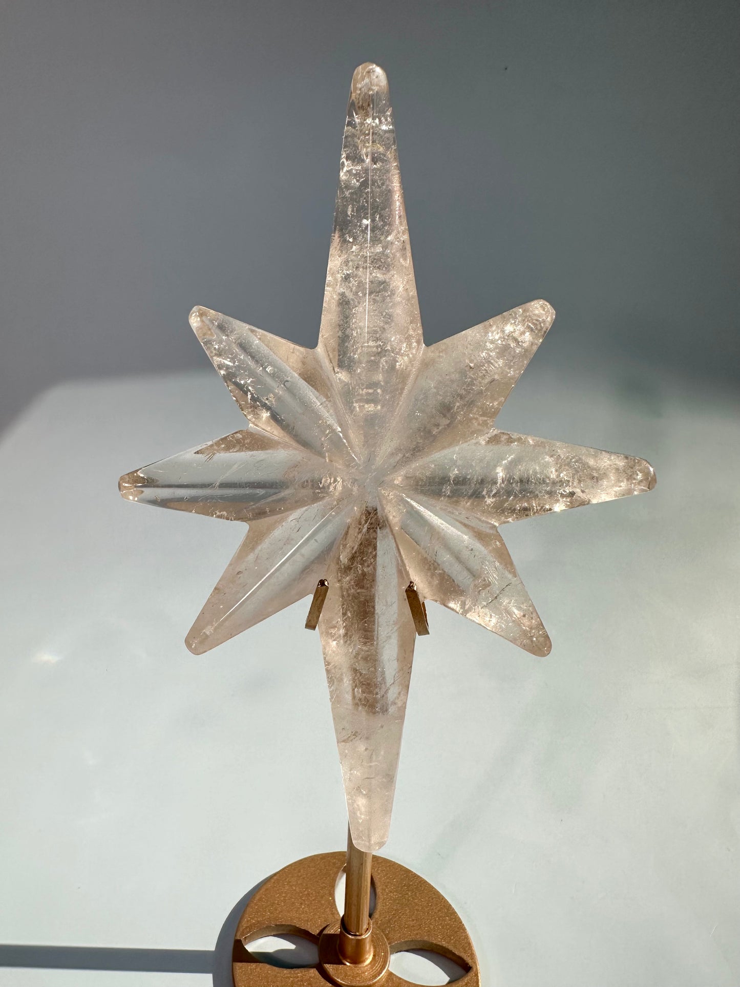 Clear Quartz Polaris Star on Gold Stand – Option B | Master Healer, Light & Collector Crystal