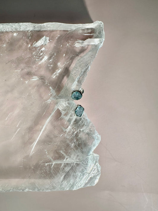 925 Sterling Silver Rough Aquamarine Bezel Stud Earrings