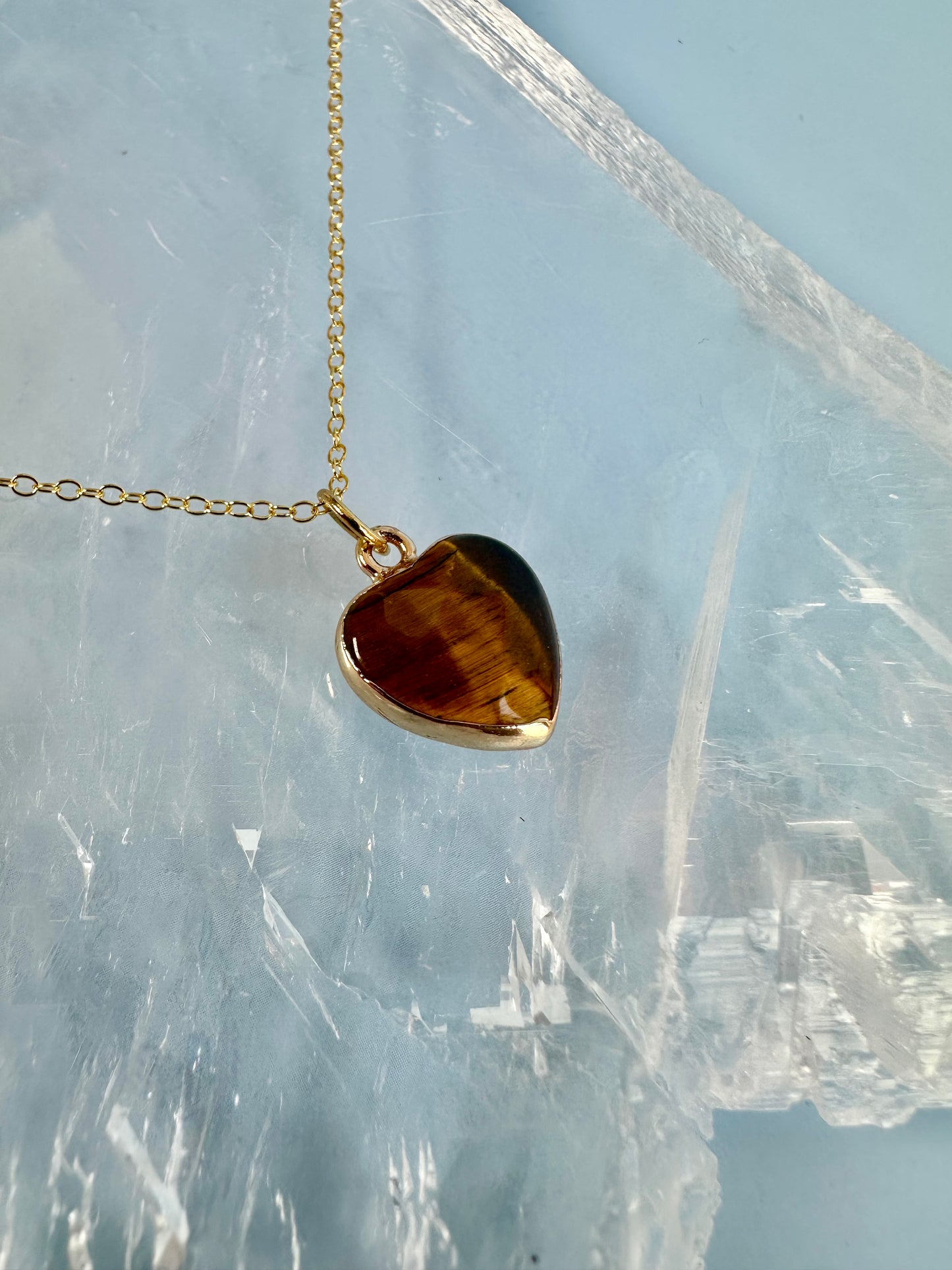 Brass Base with 18K Gold Tone Electroplated Finish Tiger’s Eye Heart Necklace