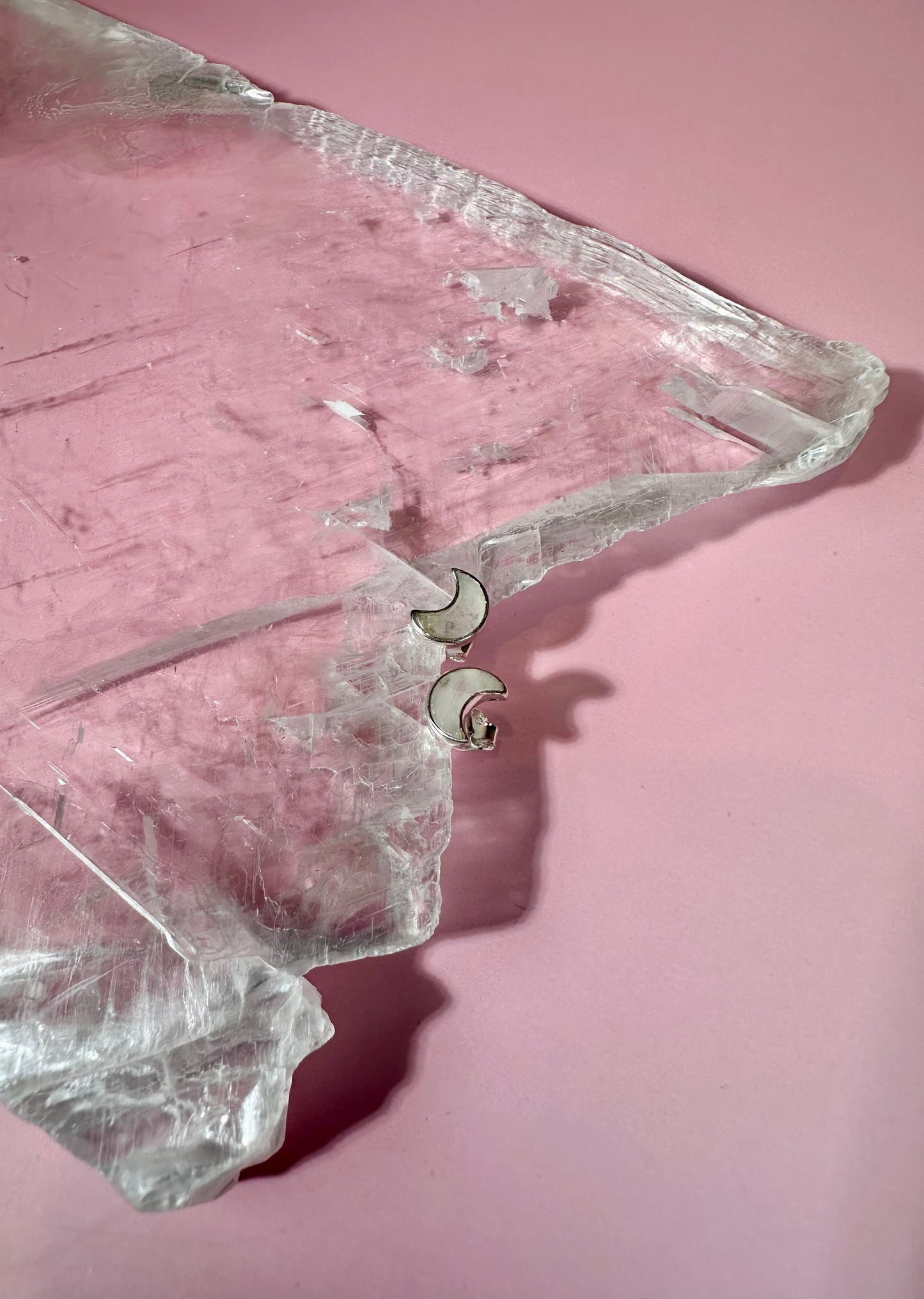 925 Sterling Silver Crescent Moon Rainbow Moonstone Stud Earrings