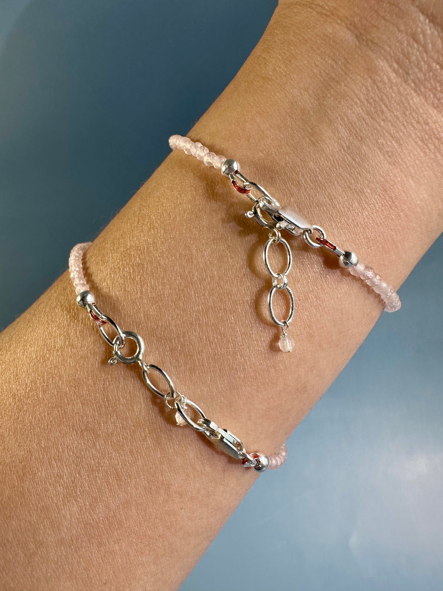 2mm Faceted Rose Quartz Bracelet with 925 Silver Adjustable Extender