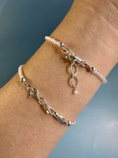 2mm Faceted Rose Quartz Bracelet with 925 Silver Adjustable Extender