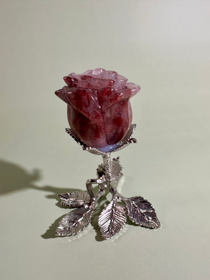 Intuitively Chosen Fire Quartz Rose on Silver Branch Stand | Hematoid Quartz Crystal Décor