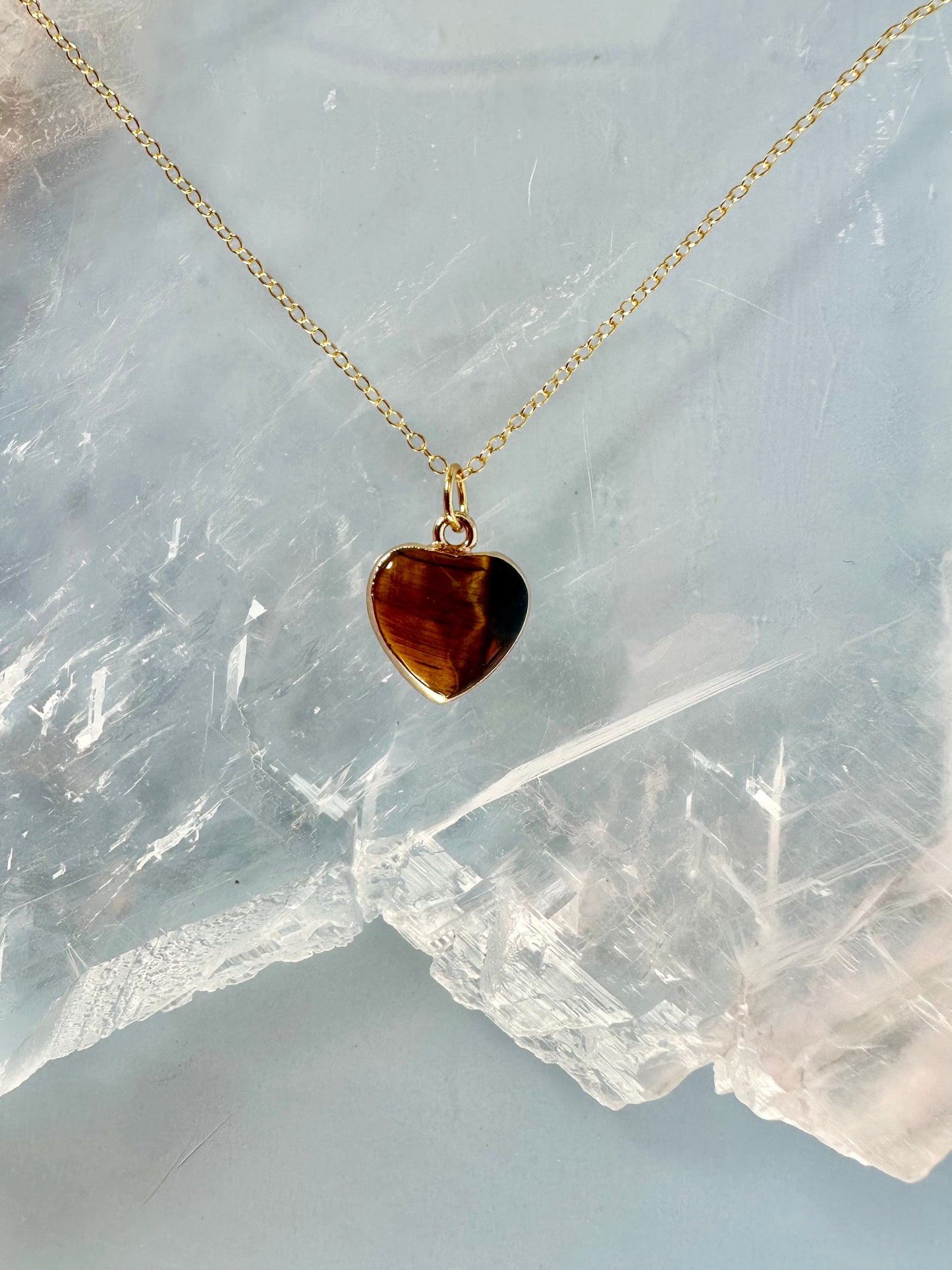 Brass Base with 18K Gold Tone Electroplated Finish Tiger’s Eye Heart Necklace