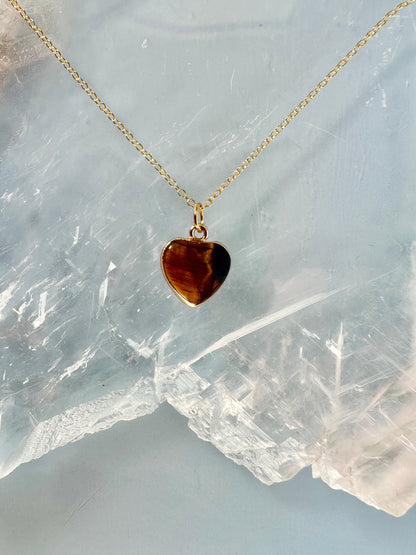 Brass Base with 18K Gold Tone Electroplated Finish Tiger’s Eye Heart Necklace