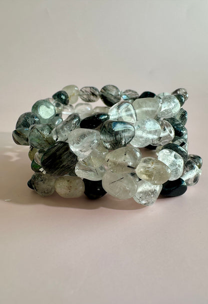 8mm Black Rutile Quartz (Black Tourmaline in Quartz) Polished Tumbled Bracelet