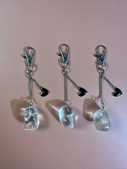 Clear Quartz Tumble Keychain with Enamel Heart Charm