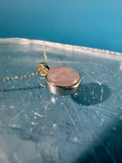 925 Sterling Silver Polished Rose Quartz Round Bezel Necklace
