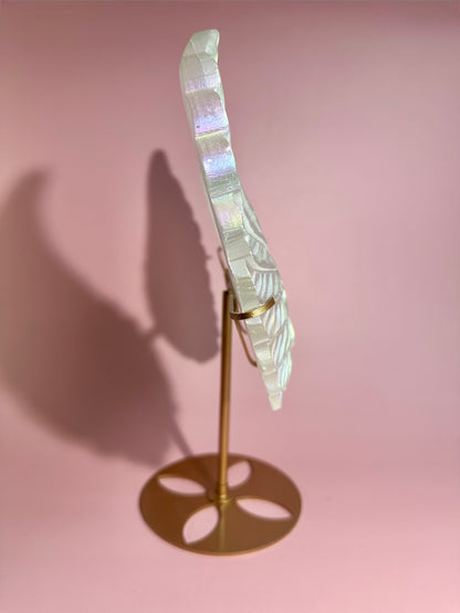 Perfectly Imperfect Large Aura Satin Spar (Selenite) Angel Wing Pair on Gold Stand Misfit | Repaired Misfit Collector Piece
