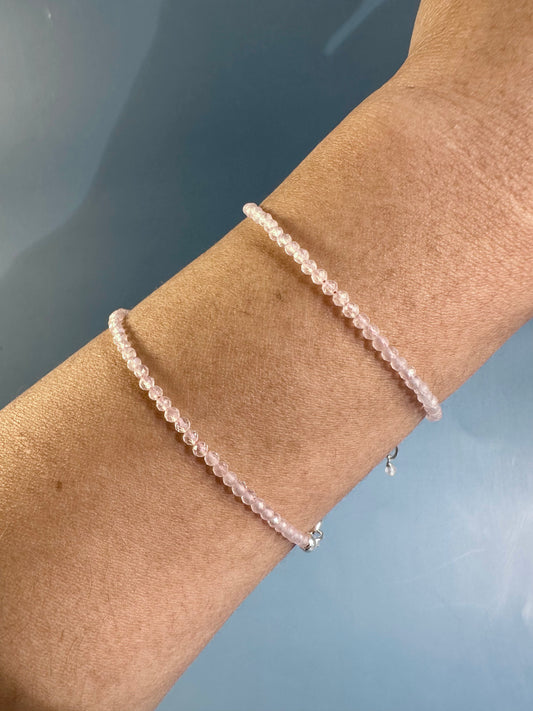 2mm Faceted Rose Quartz Bracelet with 925 Silver Adjustable Extender