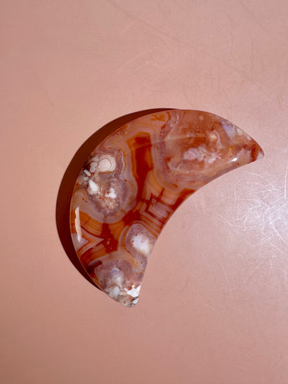Carnelian Agate Crescent Moon on Black Stand – Option D | Empowerment, Passion & New Beginnings