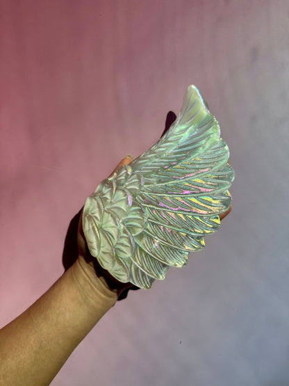 Large Aura Satin Spar (Selenite) Angel Wing Pair on Gold Stand | Statement Angelic & Cleansing Energy
