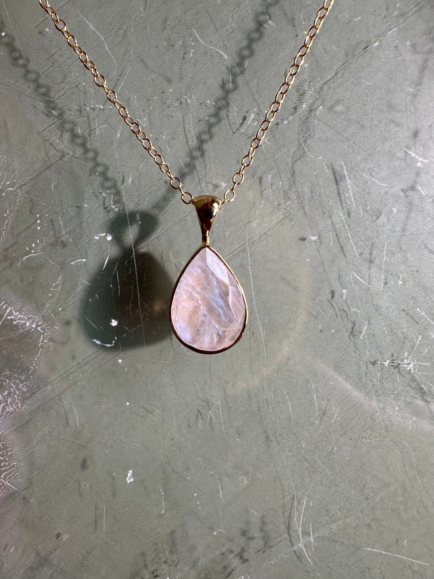 925 Sterling Silver 18K Yellow Gold Vermeil Faceted Rainbow Moonstone Pear Bezel Necklace