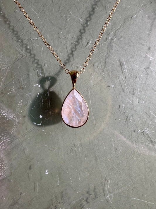 925 Sterling Silver 18K Yellow Gold Vermeil Faceted Rainbow Moonstone Pear Bezel Necklace