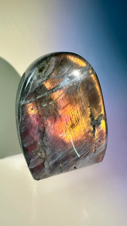 Large Orange Flash Labradorite Standing Freeform – Option I