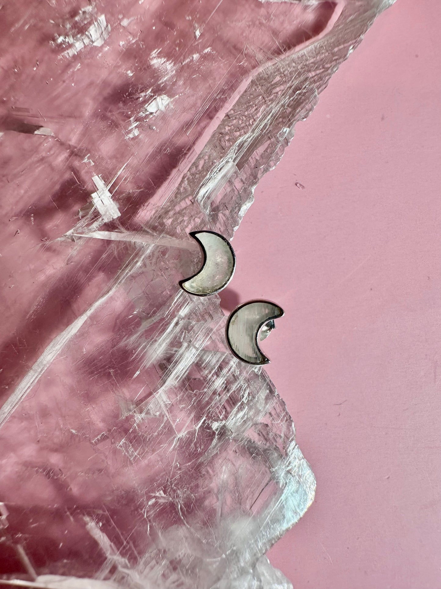 925 Sterling Silver Crescent Moon Rainbow Moonstone Stud Earrings