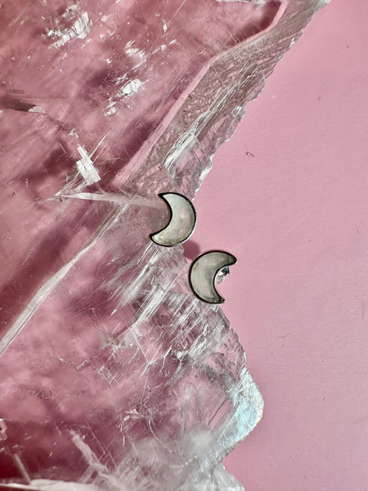 925 Sterling Silver Crescent Moon Rainbow Moonstone Stud Earrings