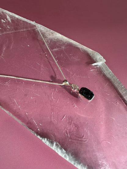925 Sterling Silver Rough Black Tourmaline & Herkimer Diamond Two-Stone Bezel Necklace