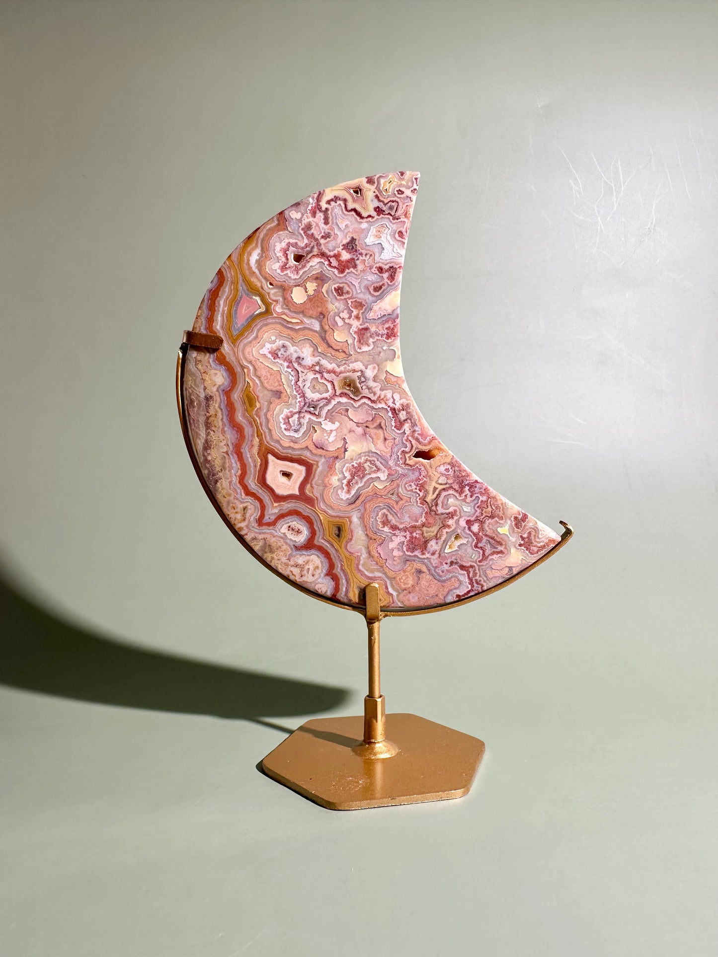 Pink Crazy Lace Agate Crescent Moon Carving – Option D | Joy, Emotional Balance & Lunar Energy