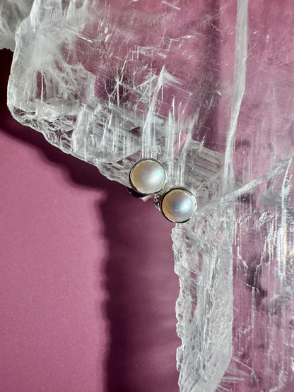 925 Sterling Silver Pearl Bezel Stud Earrings