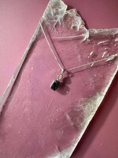 925 Sterling Silver Rough Black Tourmaline & Herkimer Diamond Two-Stone Bezel Necklace