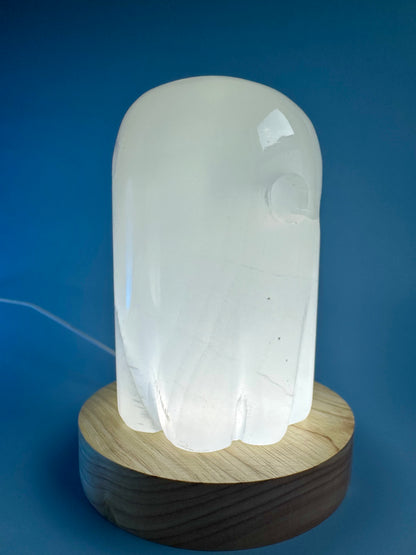 Hand-Carved Onyx Ghost Carving with Wooden Lamp Base – LED Cool-Toned White Light