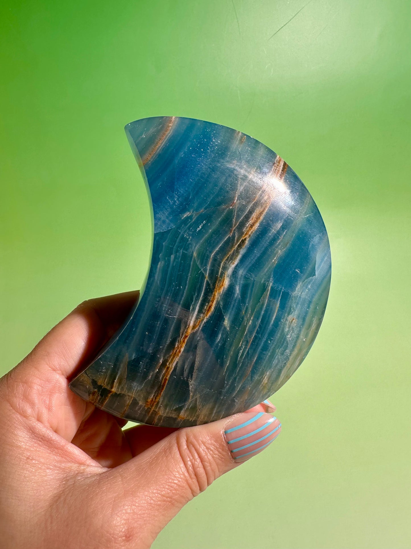 Blue Onyx Crescent Moon on Black Stand – Option A | Calm, Strength & Intuition Energy